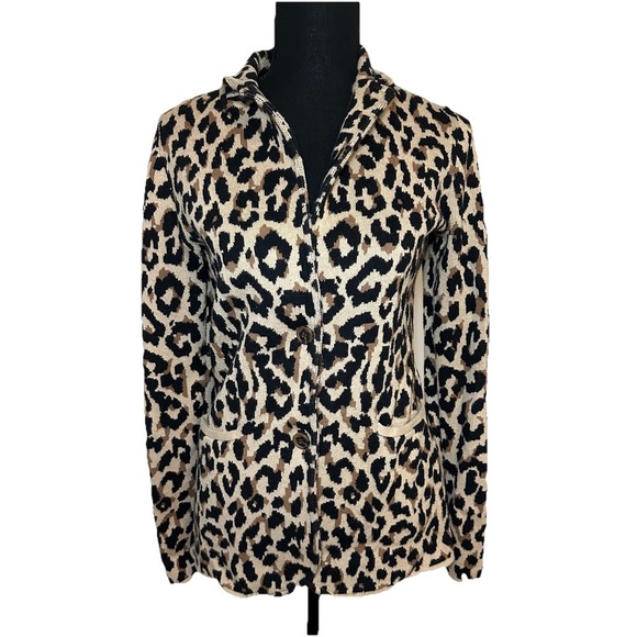 J. Crew Leopard Sweater Blazer 100% Cotton Knit Pockets Cardigan Animal Print XS - Picture 1 of 15